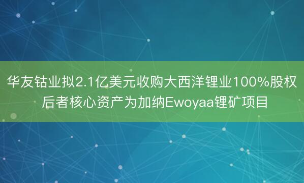 华友钴业拟2.1亿美元收购大西洋锂业100%股权 后者核心资产为加纳Ewoyaa锂矿项目